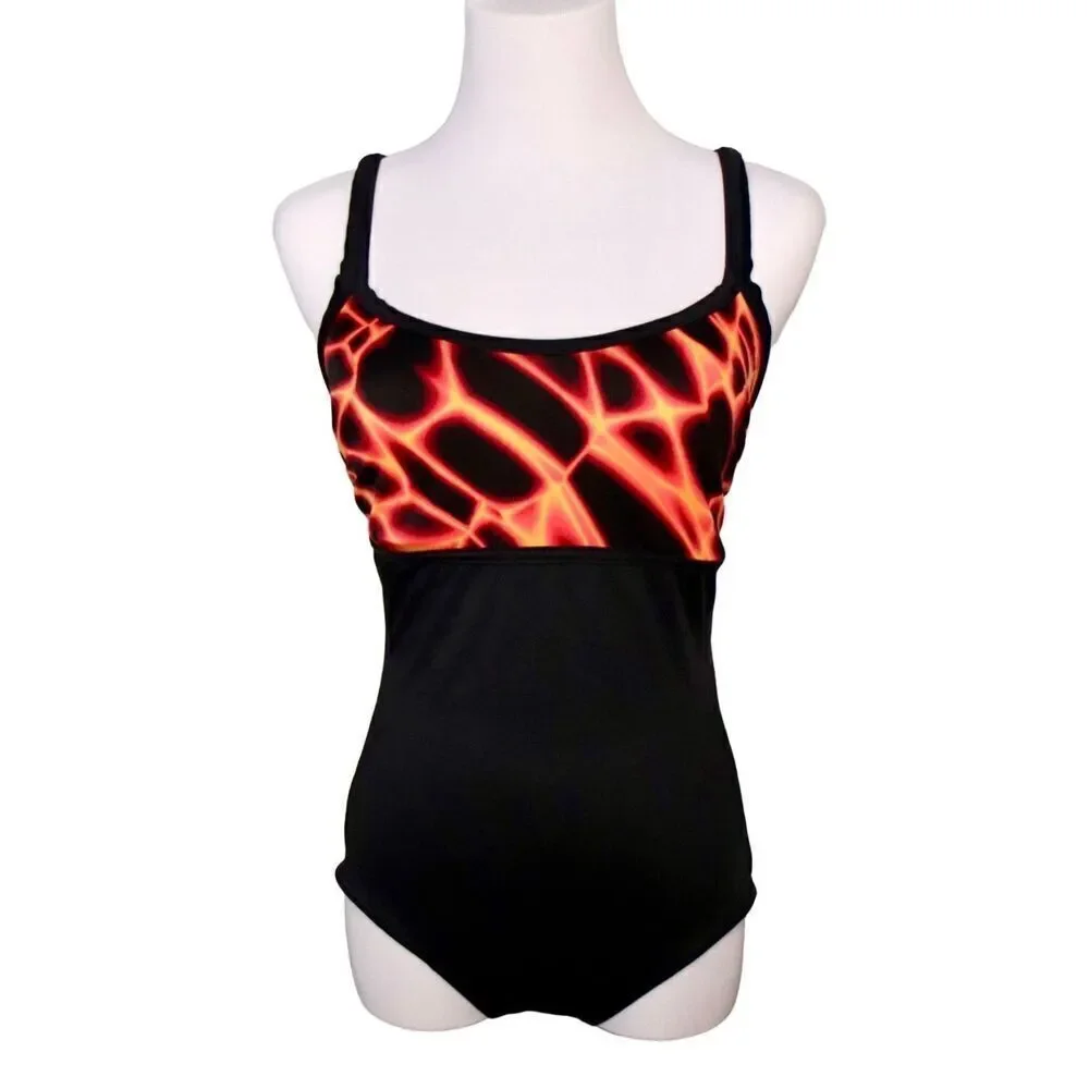 A & H Sportswear On Fire Black‎ Tank 1pc Swimsuit Built in Bra sz MEDIUM (8-10)